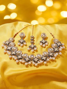 Zaveri Pearls - Grey Stones and Pearl Drop Kundan Jewellery Set