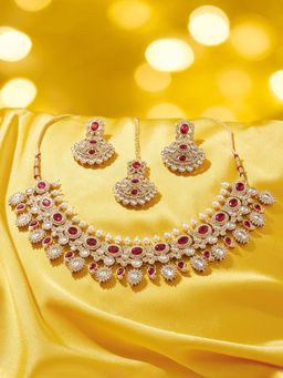 Zaveri Pearls - Pink Stones Studded Pearls Jewellery Set