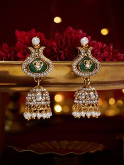 Zaveri Pearls - Green Stone Dazzling Austrian Diamonds Ethnic Jhumka Earrings