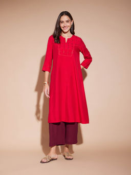 Pink Fort - Viscose Solid Yoke Detail Anarkali Kurta with Palazzo (Set of 2)