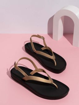 Inc.5 - Women Gold Casual Striped Flat Sandals