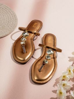 Inc.5 - Women Golden Casual Embellished T-Strap Flats