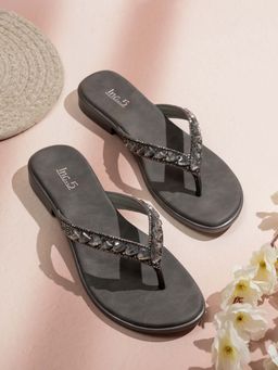 Inc.5 - Women Grey Party Wear Embellished Flat Sandals