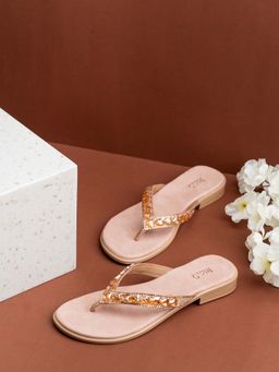 Inc.5 - Women Peach Party Wear Embellished Flat Sandals
