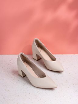 Inc.5 - Women Cream Solid Round Toe Block Heel Pumps