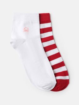 United Colors of Benetton - Men White and Red Solid and Stripes Socks (Pack of 2)