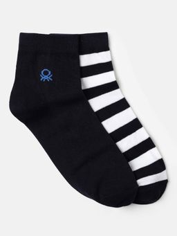 United Colors of Benetton - Men Black and White Solid and Stripes Socks (Pack of 2)