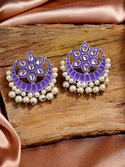 Estele - Rhodium Plated Kundan Drop Earrings with Pearl & Purple Enamel for Women
