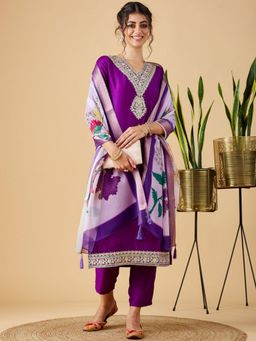 Gahan - Purple Chinon Viscose Embroidered Kurta with Pant & Dupatta