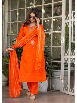 Gahan - Womens Orange Chanderi Straight Kurta with Pant & Dupatta