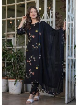 Gahan - Womens Black Silk Blend Floral Print Kurta with Pant & Dupatta