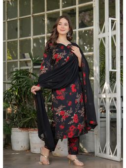 Gahan - Womens Black Silk Blend Floral Print Kurta with Pant and Dupatta