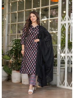 Gahan - Womens Black Pure Cotton Floral Print Kurta with Pant and Dupatta