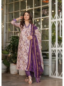 Gahan - Womens Beige Pure Cotton Floral Print A-line Kurta with Pant and Dupatta