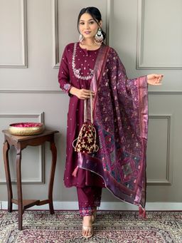 Gahan - Womens Wine Viscose Chanderi Embroidered Kurta with Cotton Pant and Dupatta