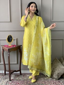 Gahan - Womens Lime Yellow Muslin Embroidered Kurta with Pant and Dupatta