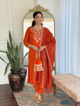 Gahan - Womens Orange Chinon Embroidered Kurta with Chinon Pant and Dupatta