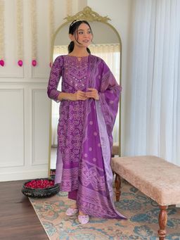 Gahan - Womens Purple French Crepe Hand Mirror Work Kurta with Pant and Dupatta