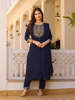 Gahan - Womens Navy Blue Rayon Embroidered Straight Kurta with Pant and Dupatta