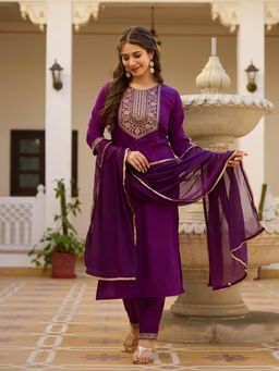 Gahan - Womens Purple Rayon Embroidered Straight Kurta with Pant and Dupatta