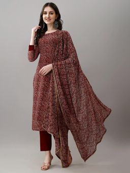 Gahan - Womens Maroon Faux Georgette Embroidered Kurta with Pant and Dupatta