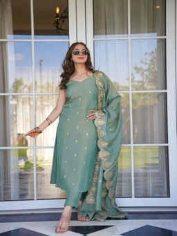 Gahan - Turquoise Viscose Zari Chanderi Embroidered Straight Kurta with Pant & Dupatta