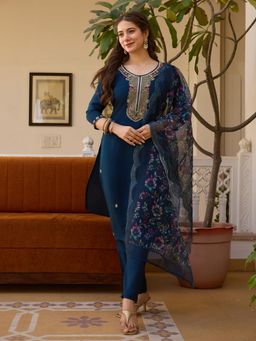 Gahan - Navy Blue Viscose Chanderi Embroidered Straight Kurta with Pant & Dupatta