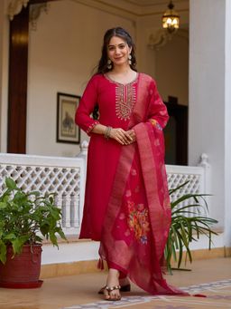 Gahan - Pink Chanderi Silk Embroidered Beads Straight Kurta with Pant & Dupatta