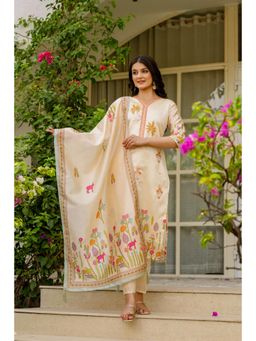 Gahan - Cream Viscose Assam Silk Embroidered Beads Straight Kurta with Pant & Dupatta
