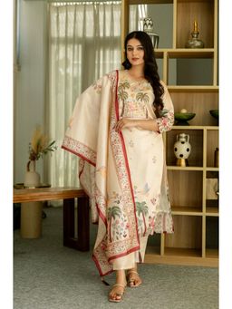 Gahan - Cream Viscose Assam Silk Embroidered Beads Straight Kurta, Pant & Dupatta