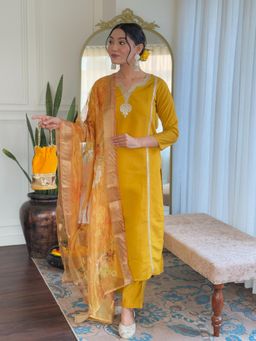 Gahan - Yellow Viscose Chanderi Embroidered Straight Kurta with Pant & Dupatta