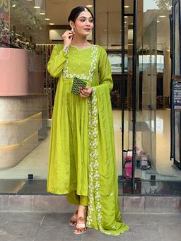 Gahan - Green Chinon Embroidered Flared Kurta with Pant & Dupatta