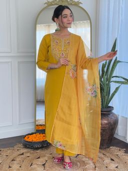Gahan - Mustard Rayon Embroidered Straight Kurta with Pant and Dupatta