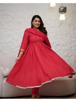 Gahan - Red Viscose Chanderi Embroidered Anarkali Kurta with Pant & Dupatta