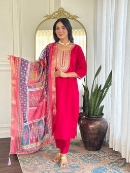 Gahan - Rani Pink Chanderi Silk Embroidered Straight Kurta with Pant & Dupatta