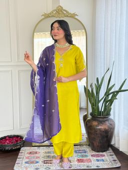 Gahan - Yellow Viscose Chanderi Embroidered Straight Kurta with Pant & Dupatta