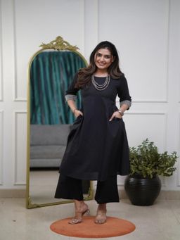 Gahan - Womens Black Rayon Embroidered A-Line Kurta with Palazzo