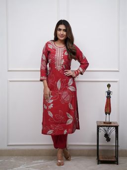 Gahan - Womens Red French Creap Embroidered Floral Print Kurta with Pant
