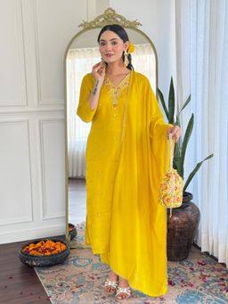 Gahan - Womens Yellow Vichitra Silk Embroidered Kurta with Pant & Dupatta