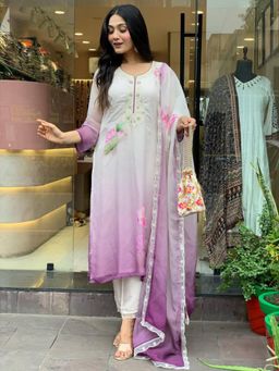 Gahan - White & Purple Tebby Silk Embroidered Kurta, Pant with Dupatta