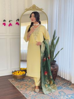 Gahan - Womens Yellow Viscose Chanderi Embroidered Kurta with Pant & Dupatta