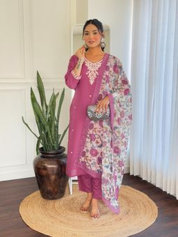 Gahan - Purple Viscose Chanderi Embroidered Straight Kurta with Pant & Dupatta