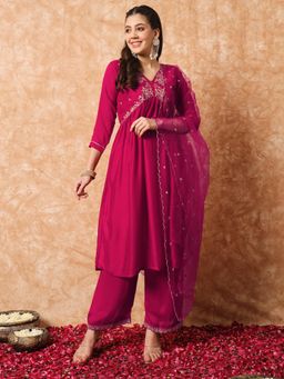 Gahan - Womens Red Vichitra Silk Embroidered Anarkali Kurta with Pant & Dupatta