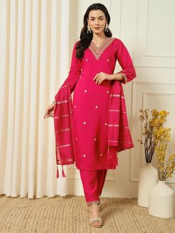 Gahan - Womens Red Chanderi Embroidered Straight Kurta with Pant & Dupatta