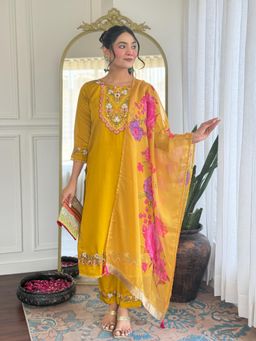Gahan - Yellow Chanderi Silk Embroidered Kurta with Pant & Dupatta