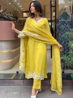 Gahan - Lemon Yellow Georgette Embroidered Kurta with Pant & Dupatta