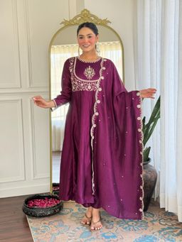 Gahan - Purple Vichitra Silk Embroidered Anarakli Kurta with Pant & Dupatta