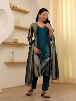 Gahan - Petrol Soft Rayon Slub Embroidered Kurta with Pant & Dupatta