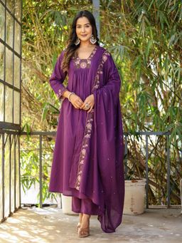 Gahan - Purple Soft Rayon Slub Embroidered Anarkali Kurta with Pant & Dupatta