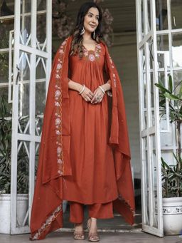 Gahan - Rust Soft Rayon Slub Embroidered Anarkali Kurta with Pant & Dupatta